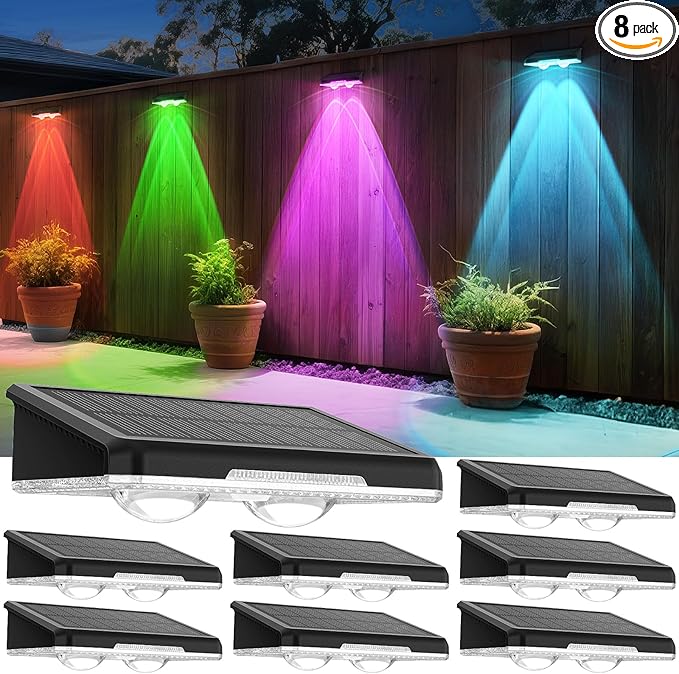 Solar Fence Lights Outdoor 8 Pack - 8 Modes (RGB Cycle/Fixed), Fence Lights Solar Powered for Outside, IP65 Waterproof, Deck Lighting for Wall, Step, Patio, Pathway, Stairs
