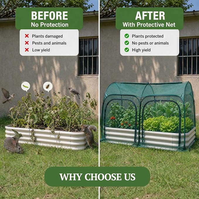 PORAYHUT All-in-One Raised Garden Bed and Crop Cage Net Kit, Metal Outdoor Planter Box with Protective Mesh Greenhouse Cover for Backyard Vegetables, Herbs, Flowers (5.25 * 2.6FT Raised Bed &NET)