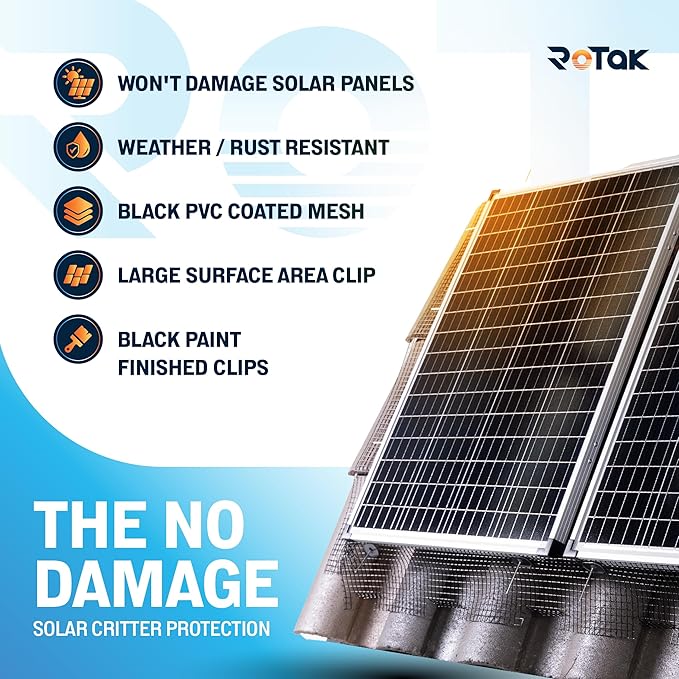 ROTAK Critter Guard - 6in x 100ft Solar Panel Bird Guard with Fastener Clips - Galvanized Black PVC Coated ½ inch Wire Roll Mesh (6" x 100' with 100 Fastener Clips)