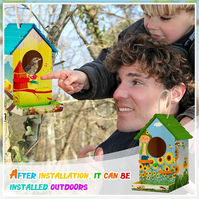 Liliful 1 Pack Wooden Birdhouse Kit for Kids and Adults, DIY Painting Set & Real Outdoor Birdhouse, Durable Craft for Garden, Classroom, Birthday Gifts Ages 3-5 4-8 8-12