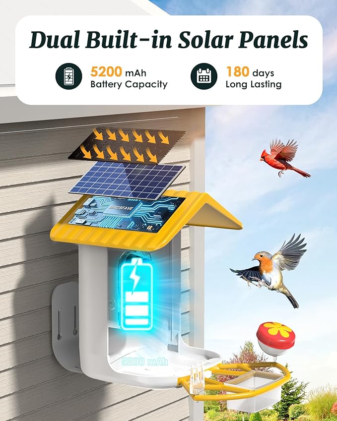 Bird Feeder with Camera Solar Powered, 2K Live Arrival Alert Auto Capture Video with 32GB TF Card, AI Identify Smart Camera Bird Feeder Ourdoor Backyard Gift for Mom Dad Birdlover, 2.4G WiFi