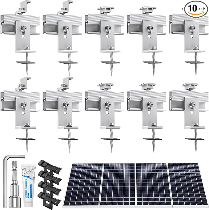 Solar Panel Mounting Brackets Kit 10Pcs Solar Roof Mount Kit for 1-4 Pieces Thickness 1.57-1.6” Solar Panels(100-400W), Aluminum Alloy Mount for Flat Pitched Roof Rack Mounting Brackets