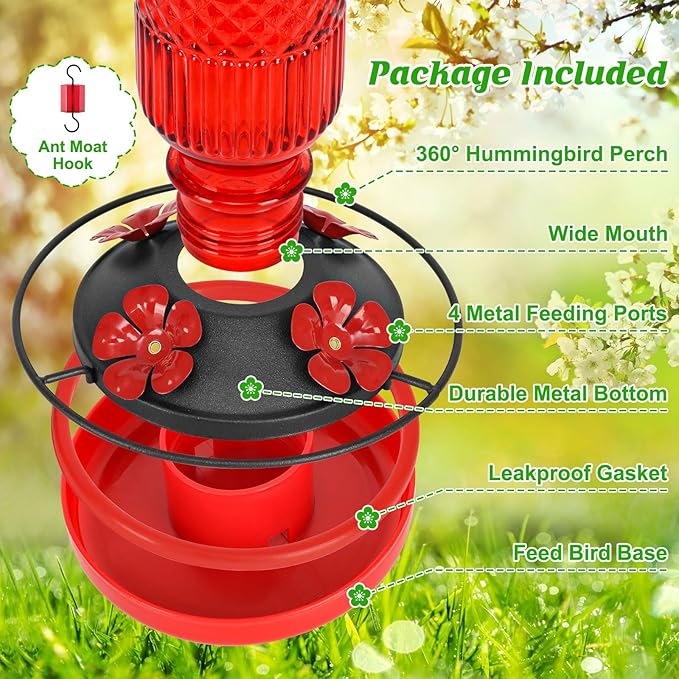 FEED GARDEN Glass Hummingbird Feeder, 16oz Outdoor Hanging Bird Feeder with Ant Moat, 4 Bee-Proof Feeding Ports, 360° Perch, Leak-Proof, Red
