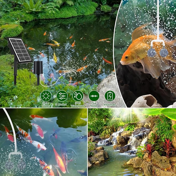 Lewisia 3W Solar Pond Aerator with Timer Air Pump Battery Aeration Kit Air Hoses and Bubble Stones Fish Tank Bubble Oxygenator