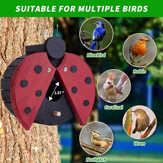 NATUREYLWL Bird Houses for Outside - Wooden Hanging Bird House - Ladybug-Shaped Birdhouse for Finches, Wrens, Cardinals - Outdoors Bluebird Nesting Box - Cute Garden Decor for Wild Birds