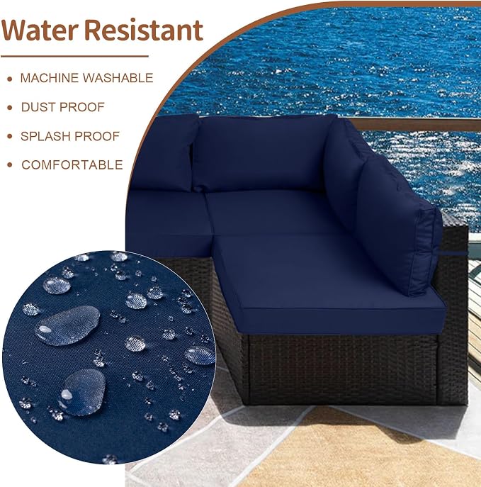 14 Piece Outdoor Patio Cushion Covers Replacement, Waterproof Outdoor Furniture Cushion Covers, Fit 7 Pcs 6 Seater Wicker Rattan Conversation Sofa Set,Navy Blue(No Piping) 25.6x25.6