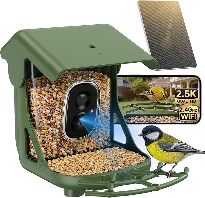 Smart Bird Feeder with Camera - Solar Powered, AI Bird Recognition, 2.4G WiFi 2.5K HD Video Live Stream, Full Color Night Vision, Instant Arrival Alerts, Weatherproof Bird House for Outside
