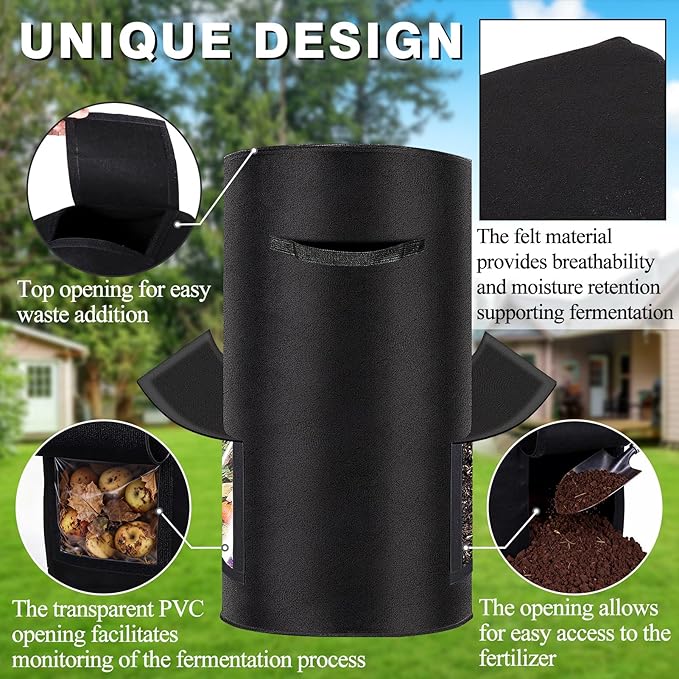 2 Pack Compost Bins Outdoor, 34 Gallon Reusable Home Compost Bucket with Observation Windows for Outside Garden, Backyard, Heavy Duty Nonwoven Fabric Yard Waste Bag