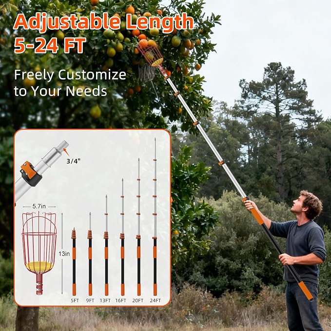 30FT Reach Fruit Picker with Basket, Telescoping Aluminum Pole 5-24FT, Dual Flip-Lock & Screw Fixing Design for Apple Orange Mango Avocado Lemon Picking