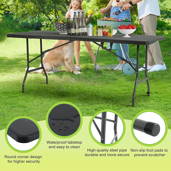 BestOffice Outdoor 6 FT Folding Camping Table Plastic Table Portable Square Height Dining Table Perfect for Picnics, Parties, Party and Camping, Black
