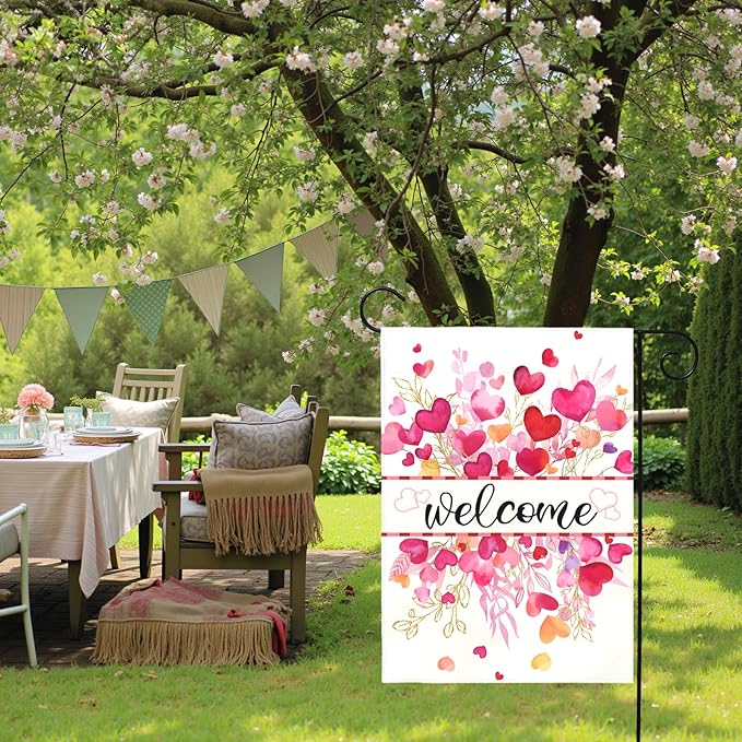 Valentines Day Garden Flag Welcome Heart Design Double Sided Yard Banner Romantic Red Pink Love Hearts House Flag for Porch Patio Lawn Farmhouse Wedding Anniversary Party Decor 12x18 Inch