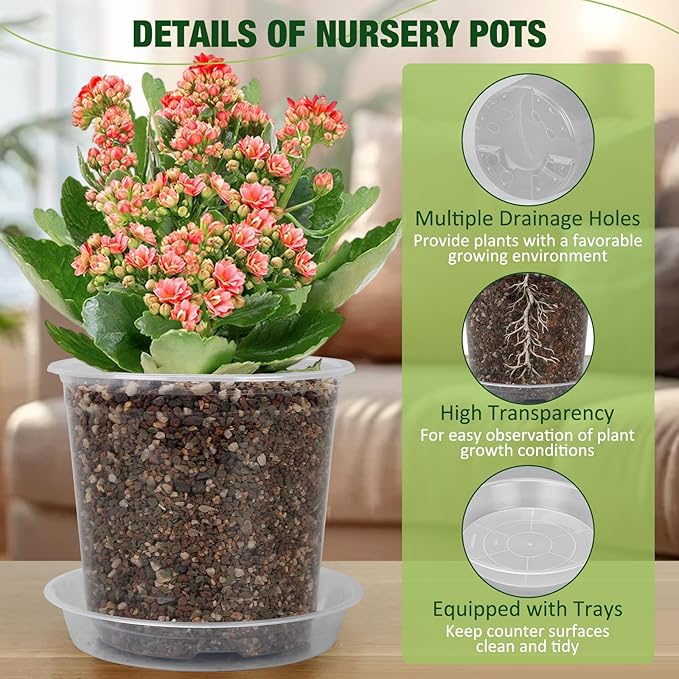 10/8/6/4 Inch Clear Nursery Pots with Drainage Holes and Saucers, 12 Pack Large Clear Pots for Plants Variety Pack, Plastic Nursery Pots for Succulents, Seedings, Herbs, Flowers, Vegetables