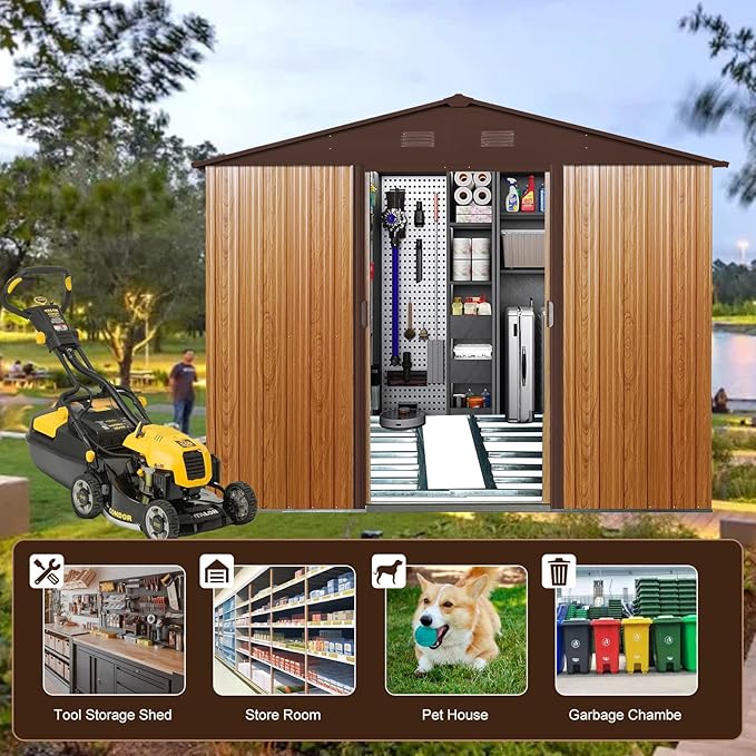 KEIKI 8x10 FT Outdoor Metal Storage Shed with Peaked Roof,Vents and Lockable Door for Garden Yard