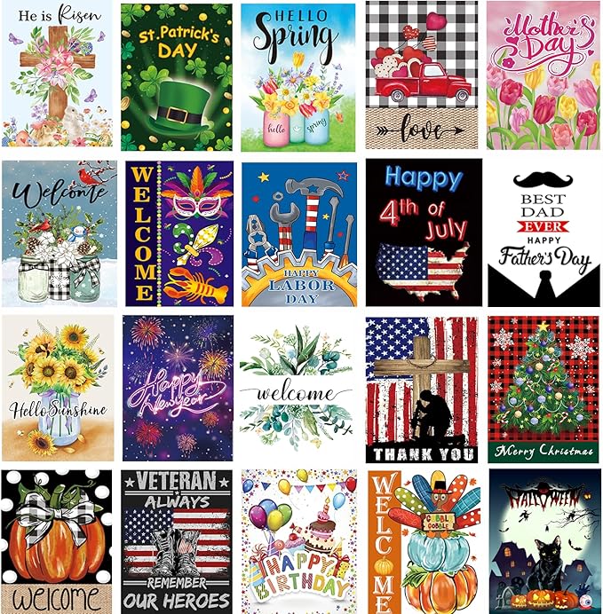 Seasonal Garden Flag Set of 20 - Double Sided 12 x 18 Inch Small Yard Flags for Outdoor Holiday Decorations, Spring, Easter, Summer, Winter, and All Season Garden Flags for Outside Decor