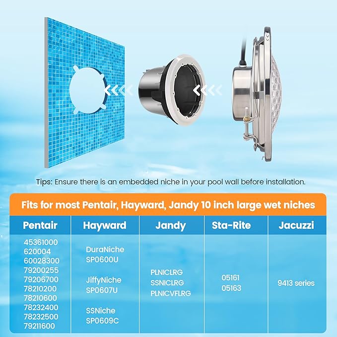 SURAIELEC Pool Lights for Inground Pool, 10 Inch 120V LED Underwater Light, 35W (300W Equivalent), 4000LM, Cool White 6000K, Fits 10" Large Wet Niches, Stainless Steel Housing, 50FT Cord