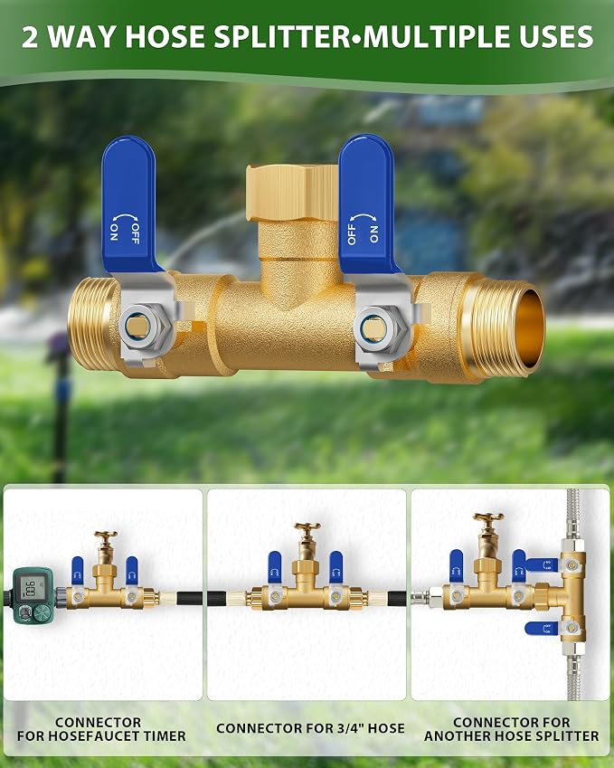 Hose Splitter 2 Way, Heavy Duty Brass Garden Hose Splitter | 0.59" Full Flow Ball Valve Outlet, Shut-Off Valve, 3/4" GHT Thread Water Hose Connector For Outdoor Spigot Faucet (Blue)
