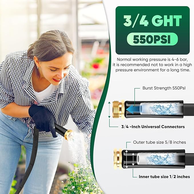 Garden Hose 50 ft, Non-Expanding Water Hose, Flexible Ultra-Light, Anti-Kink, Wear-Resistant, Portable, Easy Storage, Hose with 3/4 for Outdoor, Garden, Yard and Lawn
