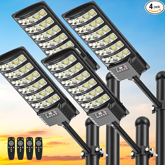 Solar Street Lights Outdoor Waterproof , 6500K 320°Wide Angle Flood light, LED Solar Parking Light with Motion Sensor and Remote Control for Outdoor, Streets, Courtyards,Parking Garages,-4Pack