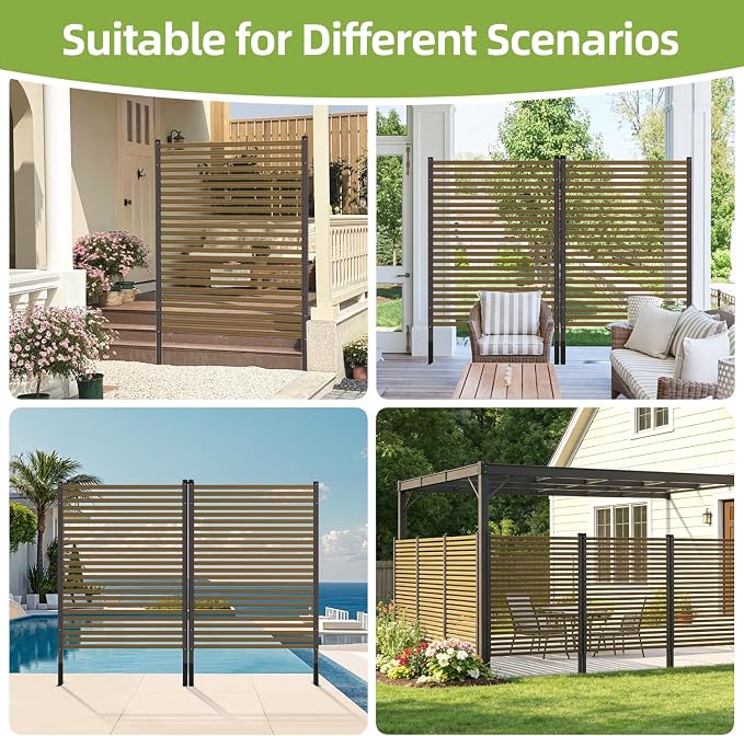 Privacy Screen Outdoor Freestanding with Base Feet,3.6ft×5ft Wood Grain PE-Coated Steel Fence Panels for Outside Garden Patio,Dark Brown