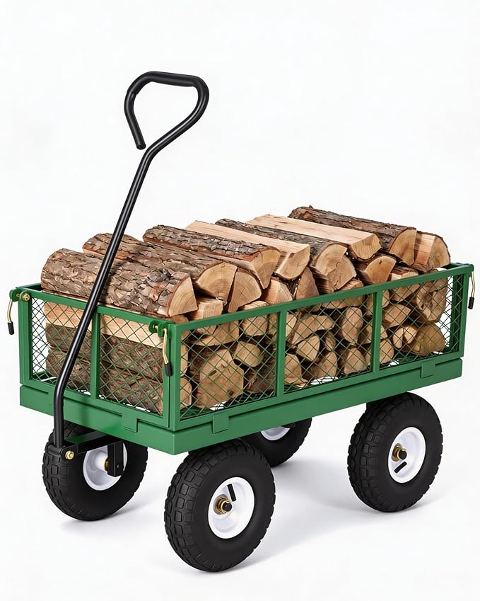 GarveeTech 400LBS Heavy Duty Steel Garden Cart, Garden Wagon Cart on Wheels, Metal Yard Utility Wagon with Removable Mesh Sides, 10" All Terrain Tires, 180° Rotating Handle for Lawn, Garden, Farm