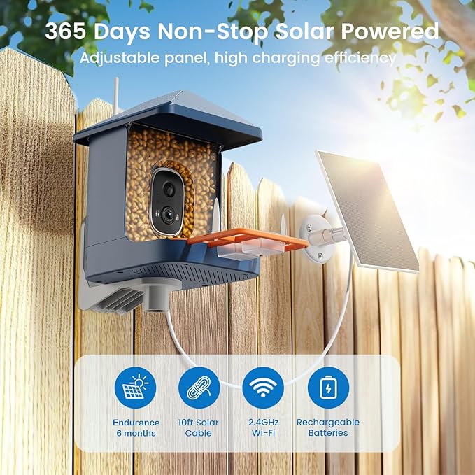Bird Feeder with Camera 2K, 1 Year Free AI Identify 10,000+ Species 1.8L Birds Feeder Camera Bird Feeders for Outdoors Solar Powered IP65 Instant Alert, Auto Record Video Ideal Gift for Nature Lovers