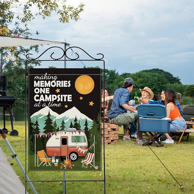 Dyrenson Camper RV 28 x 40 House Flag Double Sided, Making Memories One Campsite at a Time Camping Garden Yard Decoration, Campfire Firepit Burlap Outdoor Decor Decorative Large Flag