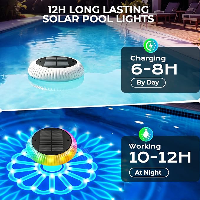 Solar Floating Pool Lights, 6.4" Solar Pool Lights that Float, RGB Upper and Lower Floating Pool Light Solar Powered, IP67 Waterproof, 57 Modes, 3 Timers for Above Ground Pools, Bathtub & Party, 4 PCS