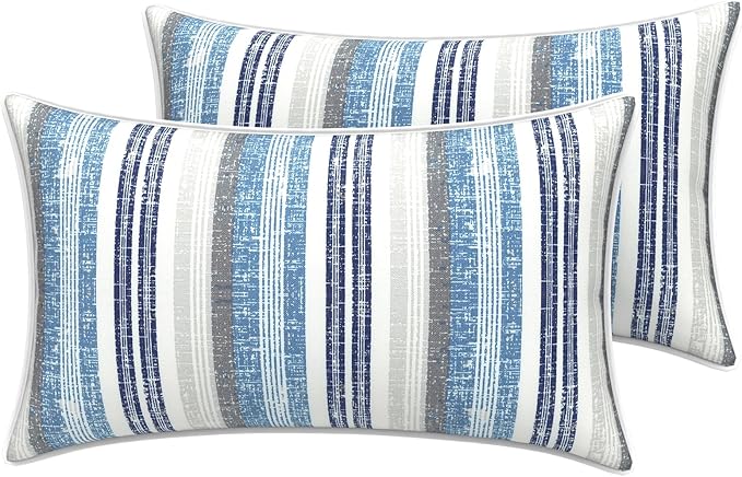 LVTXIII 2 Pack Outdoor Lumbar Pillow Covers 12x20 Inch with Piping, Water-Repellent Back Cushion Covers ONLY for Patio Furniture, Sofa, Garden Bench, Stripe Layered Blue