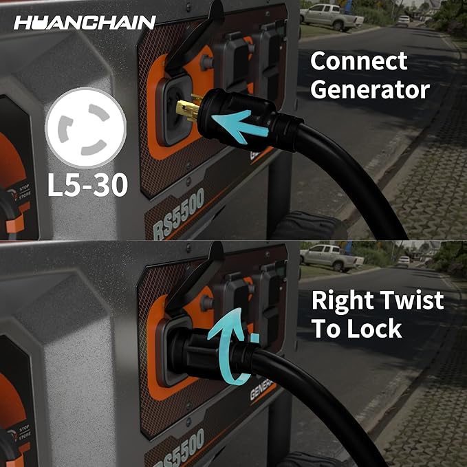 huanchain L5-30P/L5-30R 3 Prong 30 Amp Generator Cord 50 FT, Heavy Duty 10AWG 125V 3750W SJTW, Black Locking Generator Extension Cord Waterproof, ETL Listed