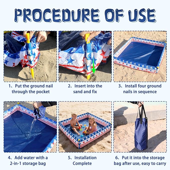 3.3 X 3.3 Ft Portable Beach Square Puddle, American Flag Foldable Beach Pool for Boys Girls Ages 2 3 4 5 6, 4th of July Patriotic Beaches Essentials with Carrying Bag, No Need to Dig Hole and inflate