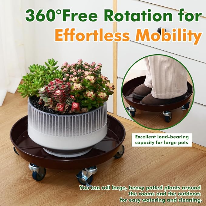 Planterhoma 3 Packs 13 inches Metal Plant Caddy with Wheels Large Rolling Plant Stand Heavy-Duty Iron Plant Dolly Casters for Indoor Outdoor Flower Pot Mover Roller Coasters, Dark Coffee