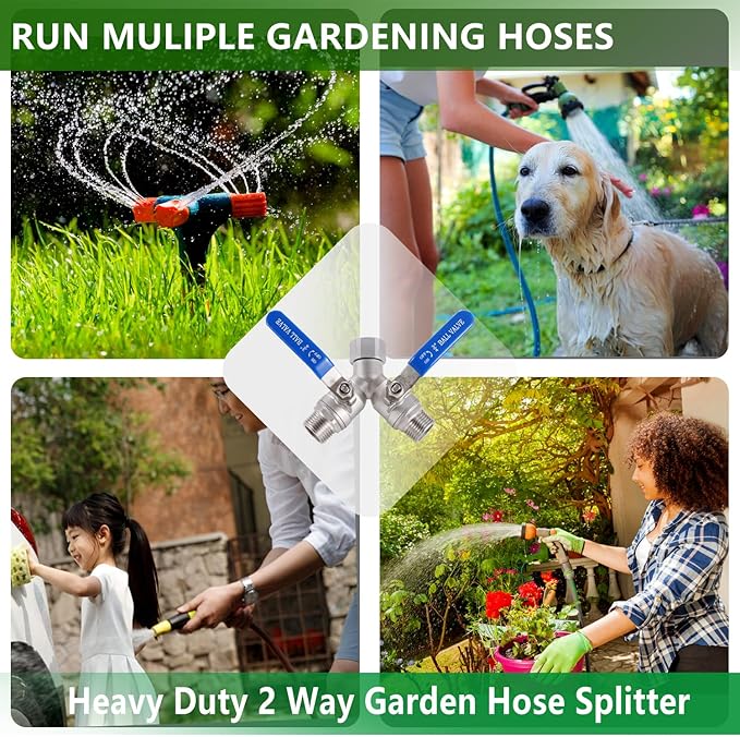 304 Stainless Steel Garden Hose Splitter 2 Way Heavy Duty, Full Flow Hose Y Splitter with Long Handle,Lead-free Y Valve Water Garden Hose Adapter,3/4" GHT Threads