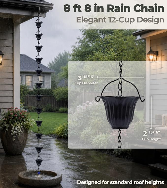 Black Rain Chain for Gutters, 12 Cup Tulip Decorative Water Feature, 8FT 8IN Adjustable Metal Chain Rain Diverter for Modern Outdoor Garden Décor with Crystal Accent