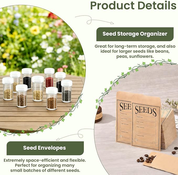 Seed Storage Organizer Box, Metal Seed Box, Garden Seed Organizer with Lid, Seed Containers Storage with 3 Compartments, 30 Seed Holder Organizers, 50pcs Seed Envelopes (Green)