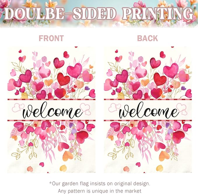 Valentines Day Garden Flag Welcome Heart Large Double Sided House Banner Romantic Red Pink Love Hearts Yard Flags for Porch Patio Lawn Farmhouse Wedding Anniversary Party Decor 28x40 Inch