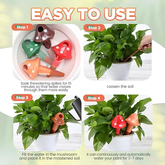 Funnymoom 8 Pack Terracotta Self Watering Spikes Mushroom Shaped Plant Watering Globes Automatic Planter Insert Stakes Device for Indoor Outdoor Plants