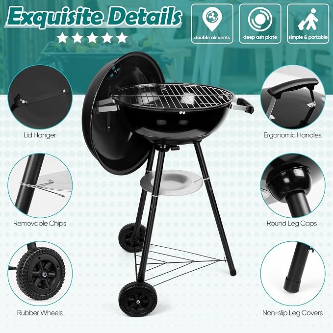 HaSteeL 18 Inch Charcoal Grill, Black Kettle Outdoor Barbecue Grill, 2-In-1 Portable BBQ Grill with Wheels for Camping Backyard Patio Picnic, Porcelain-Enameled Lid & Fire Bowl, 254.SQ.IN Cooking Area