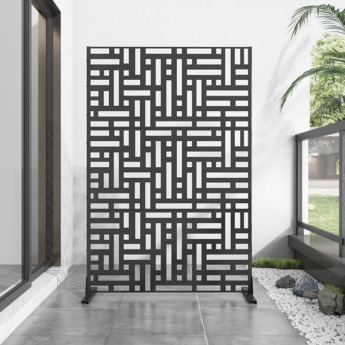Casaphoria 72" H x 47" W Metal Outdoor Privacy Screen, Freestanding Decorative Divider for Patio, Deck, Balcony, and Garden with Stable Base, Black Helen