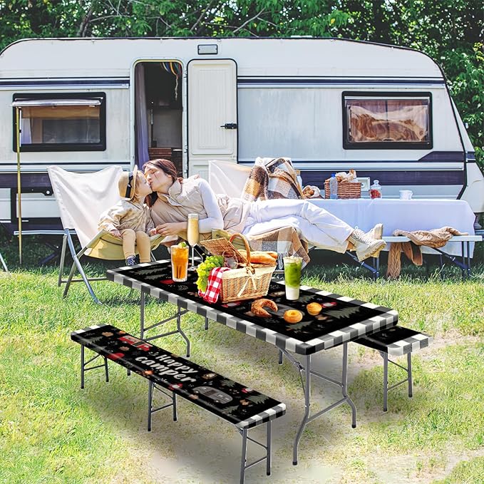Picnic Table Cover with Bench Covers, Camping Essentials, Fitted Camping Tablecloth with Bag, Waterproof and oilproof with elastic Edge for Indoor Outdoor Patio, 72in (Happy Camper)