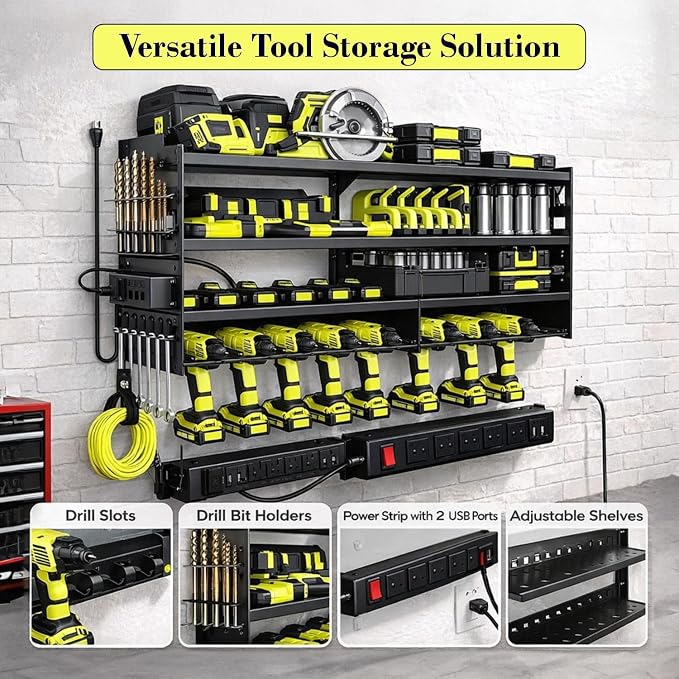 Large Power Tool Organizer Wall Mount, 6-Shelf Heavy Duty Metal Tool Storage Rack with Drill Holder Slots, Side Screwdriver Racks and Hook Bar, Wall Mounted Tool Organizer for Garage Workshop