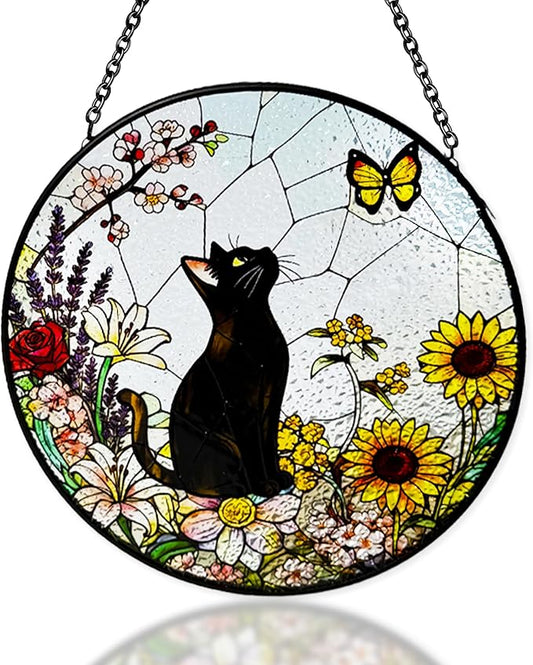 Cat Stained Glass Suncatcher Window, Hanging Sun Catchers Indoor Window, Suncatcher for Mom/Women (Black)