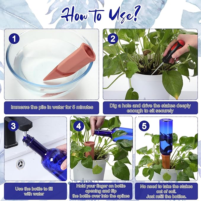 Teenyyou 12 Pcs Watering Spikes for Indoor Plants Include 6 Terracotta Self Watering Spikes Devices and 6 Pcs 26 oz Plastic Bottles Slow Release Vacation Insert Automatic(Blue)