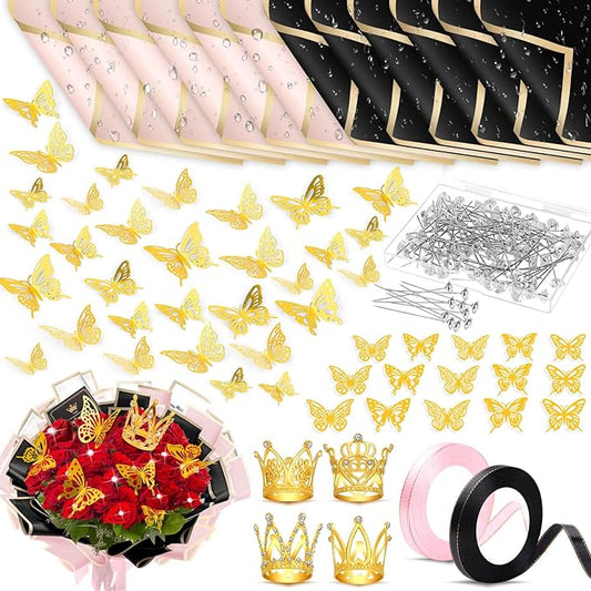 Tetutor 206 Sheets Waterproof Flower Wrapping Paper,Bouquet Wrapping Paper Sheets, Floral Wrappings Papers Bouquet with Ribbons Flower Pins 3d Butterflies and Crowns for Florist Wrap Back Pink
