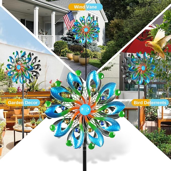 MLKNK Wind Spinners for Yard and Garden - Wind Sculptures & Spinners | Wind Spinners Outdoor 75 Inch, Navy Blue, Kinetic Art with Solar Powered Multi-Color Glass Ball Light