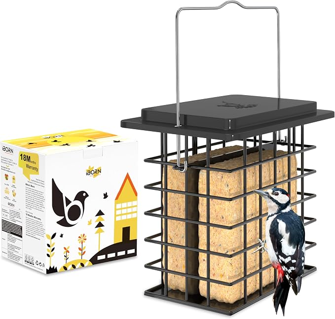 iBorn Double Suet Feeder,Suet Cake Cage Bird Feeder for Outdoors Hanging Easy-Clean & Refill,Black（Pack of 1）+ Hummingbird Feeder with 14 Bee Guard Ports,13 OZ,Red,2 Pack