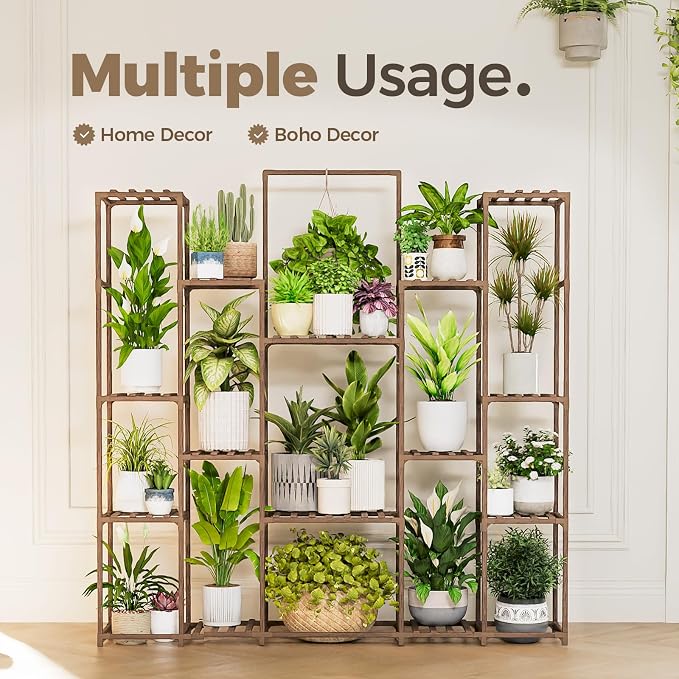 Bamworld Plant Shelf Indoor Hanging Plant Stand Outdoor Large Plant Shelves Tall Flower Holder wooden plant stand for Multiple Plants Plant Rack for Living Room Balcony Decor Garden Clearance Deals 17 Pots Plant Table