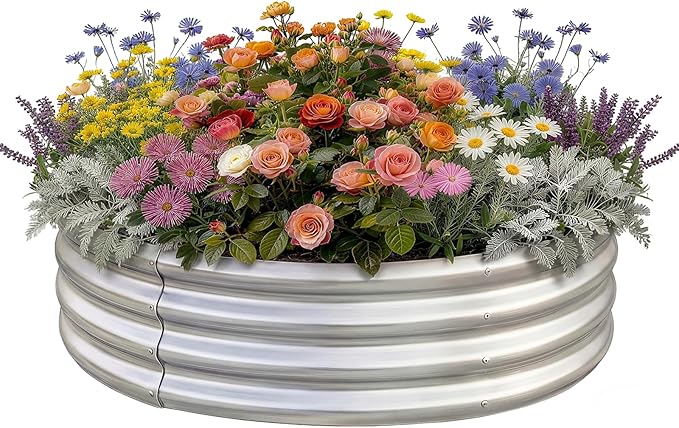 Land Guard 3×3×1ft Galvanized Raised Garden Bed Kit, Round Galvanized Planter Raised Garden Boxes Outdoor, Large Metal Raised Garden Beds for Vegetables, Silver