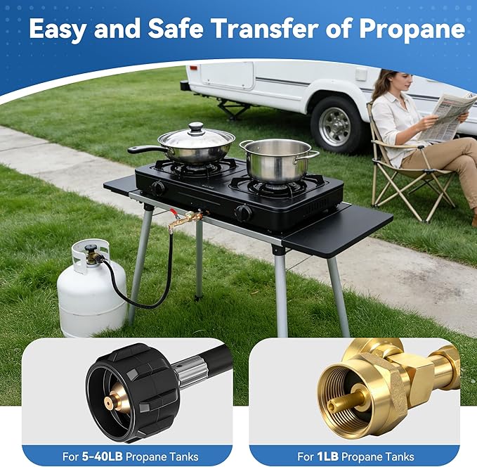 Propane Refill Adapter for 1 lb Tanks, 3FT Hose with Pressure Gauge & ON/Off Valve, QCC1/Type1 20lb to 1lb Propane Tank Refill Adapter, Heavy-Duty Brass Propane Transfer Hose for Camping Grill