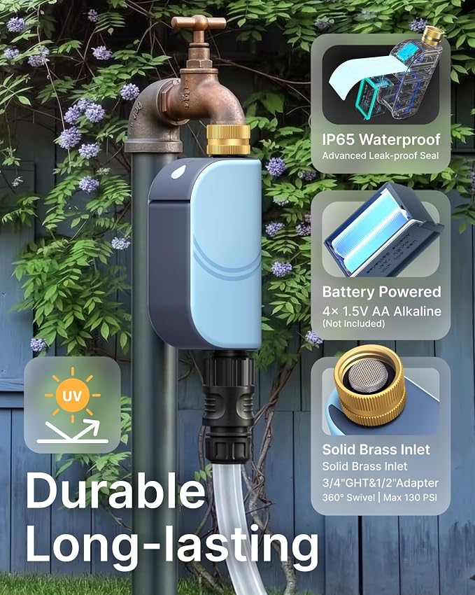 WiFi Water Timer for Garden Hose, Smart Sprinkler Controller with Heavy-Duty Brass Inlet & Flow Meter, No Hub Required, App Control Rain Delay Outdoor Hose Valve