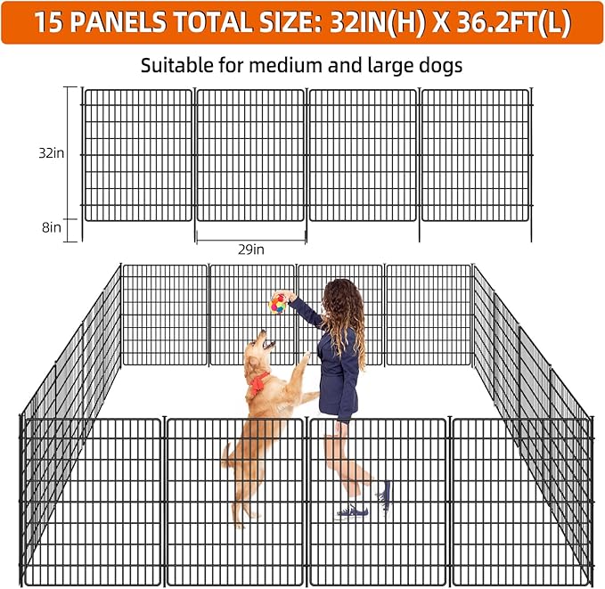 15 Panels No Dig Fence, 32 in(H) X 36 ft(L) Garden Decorative Fence Animal Barrier for Dogs, Rustproof Metal Garden Edging Border for Outdoor, Yard, Patio, Black